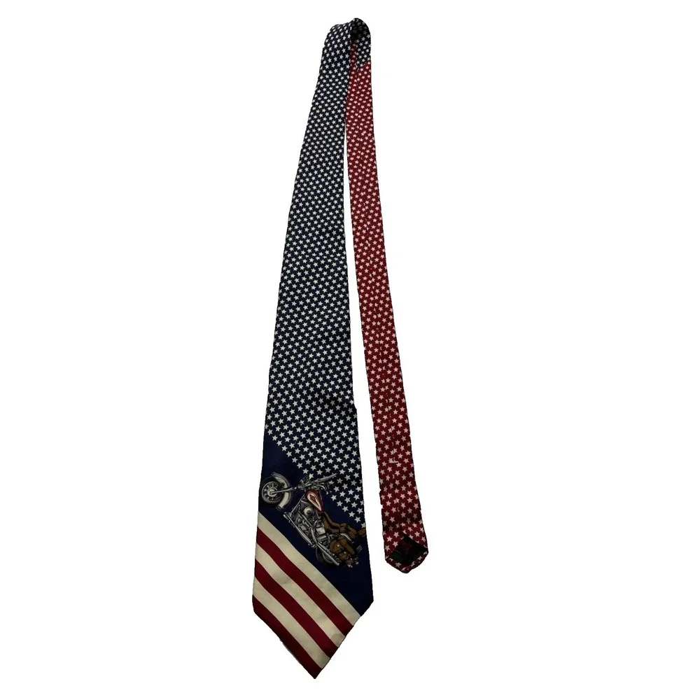 Vtg Tommy Hilfiger Necktie Stars Stripes Motorcycle Americana 100% Silk Made USA
